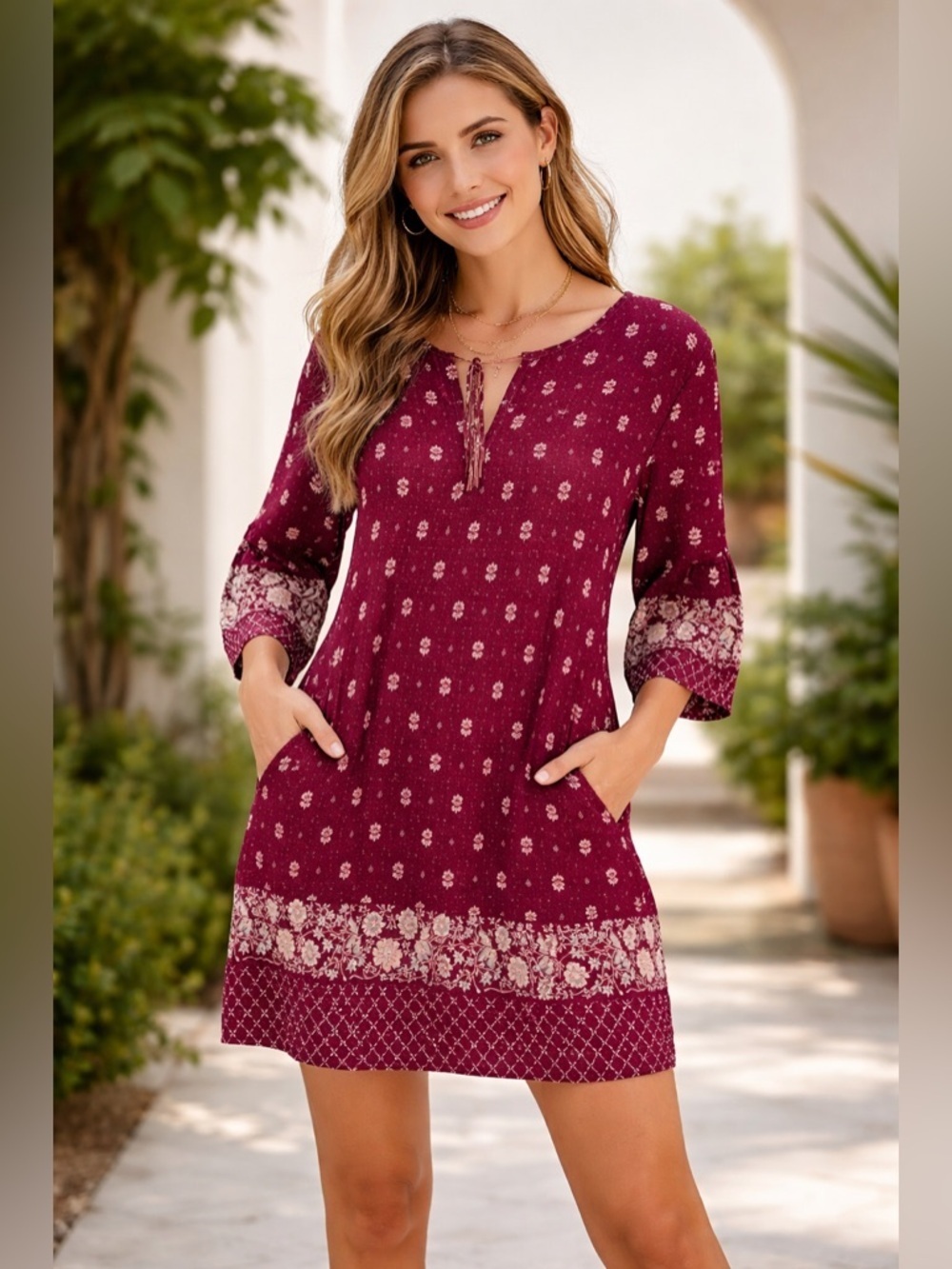 Bohee Wohee Red Floral Print Dress 3/4 Ruching Sleeves Pockets Keyhole Boho Sm